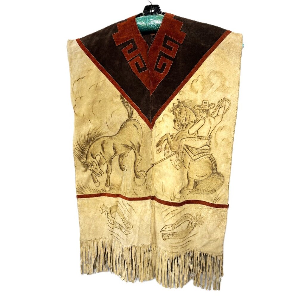 70’s Vintage Leather Western Cowboy Style Hand Tooled Serape Poncho